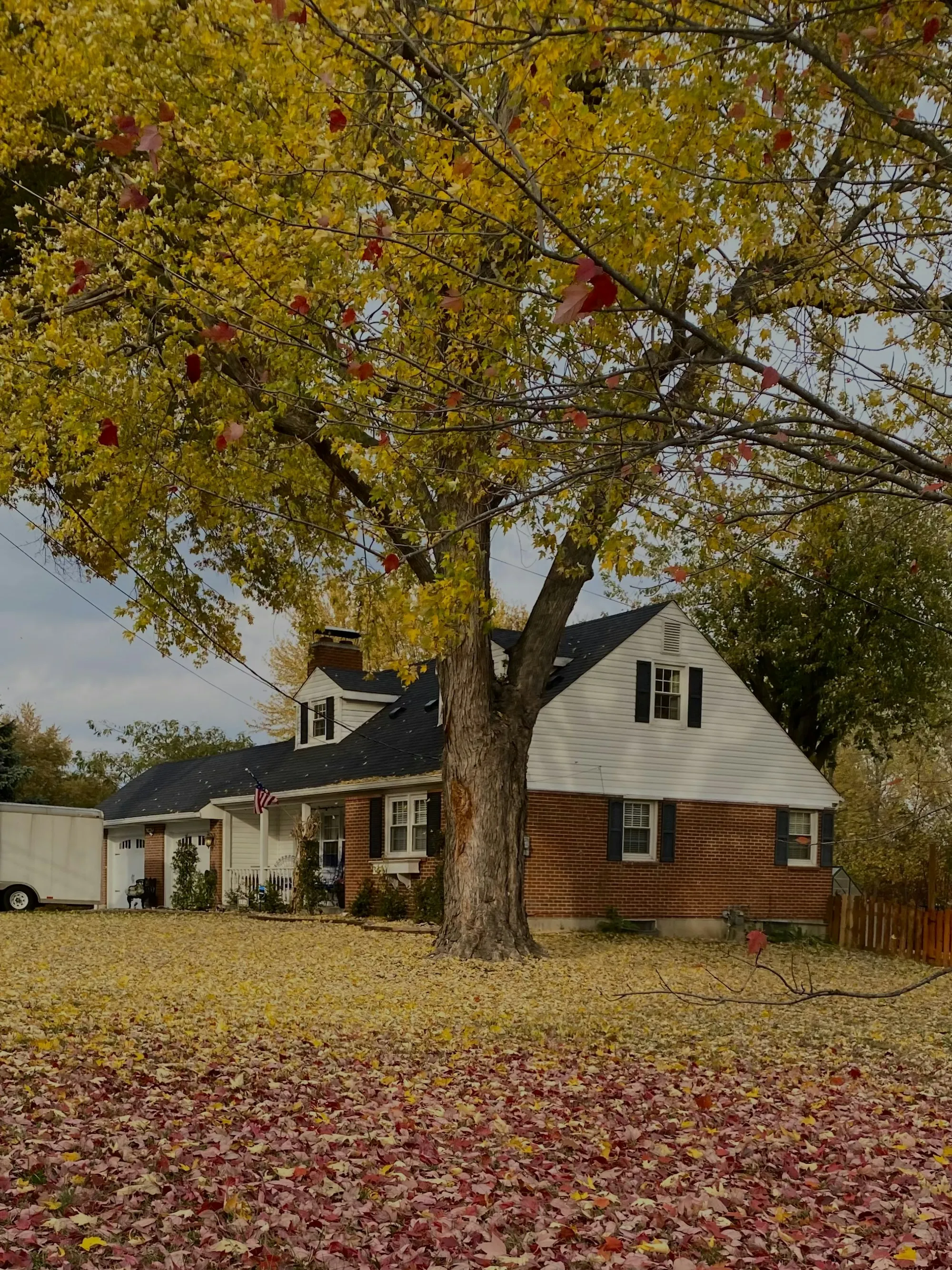 Brick Cape Cod home with white siding on the gable in fall